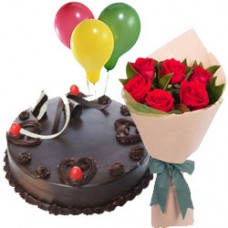 Wholesome Delicious 1/2 Kg Truffle Cake with 6 Red Roses Bunch and 3 Balloons